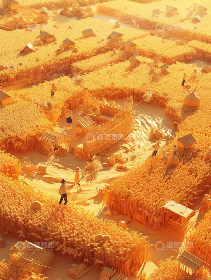 金黄色麦田劳作场景