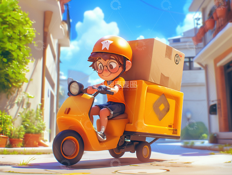 高清大图下载【趣麦麦图】城市街道送快递的快递员