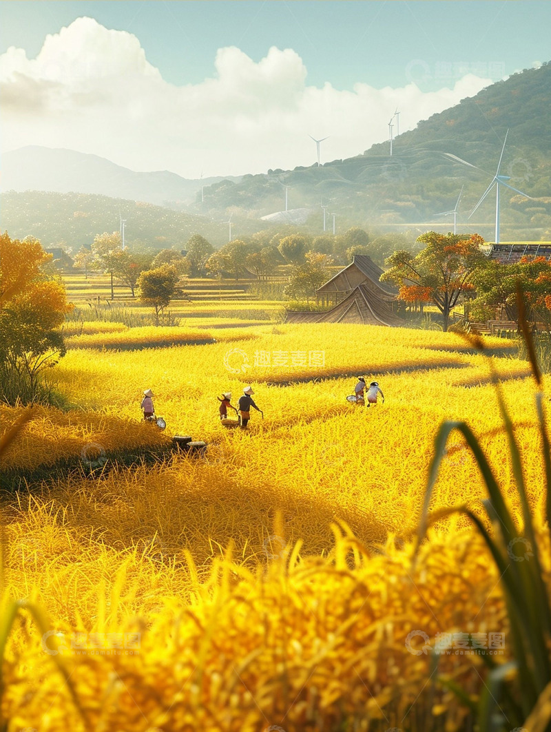 金黄麦田劳作场景