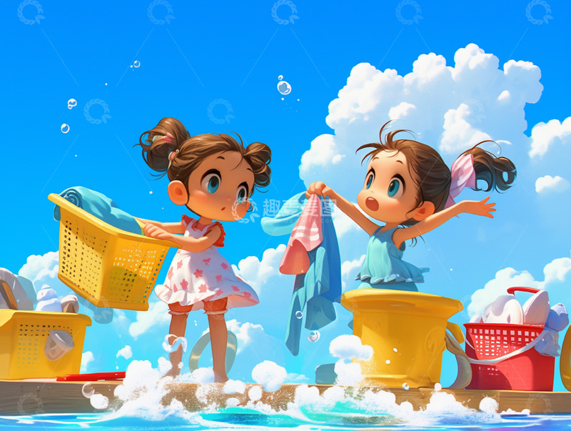 户外洗衣服的两个女孩