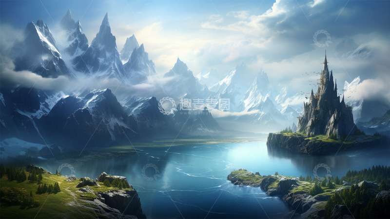 高清大图下载【趣麦麦图】山水城堡唯美植物场景云雾