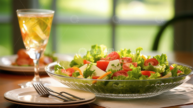 高清大图下载【趣麦麦图】沙拉生菜番茄餐具场景健康