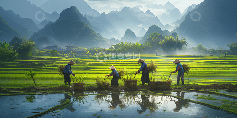 实拍水稻旁劳作场景