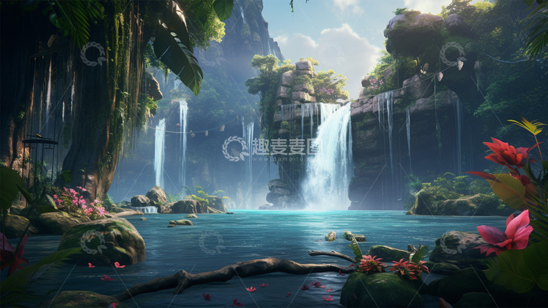 高清大图下载【趣麦麦图】山水瀑布河流植物唯美场景