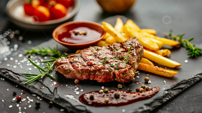 高清大图下载【趣麦麦图】牛排牛肉薯条酱料美食场景