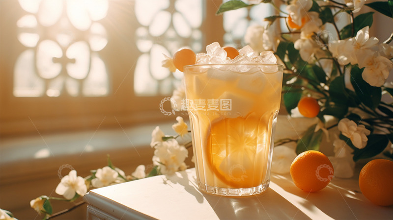 高清大图下载【趣麦麦图】奶茶水果茶橙子冰块鲜花唯美场景