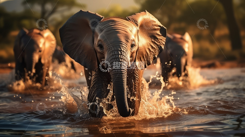高清大图下载【趣麦麦图】亚洲大象玩水