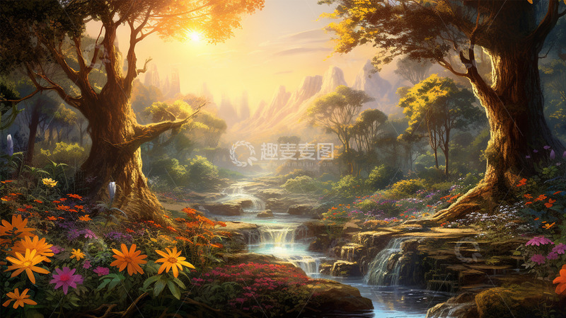 高清大图下载【趣麦麦图】山水 太阳 小溪 植物 树 鲜花 场景