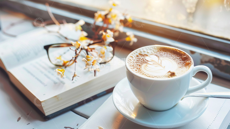 高清大图下载【趣麦麦图】咖啡拿铁拉花眼镜植物鲜花书籍场景