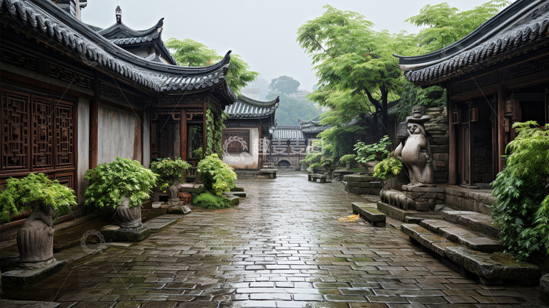 高清大图下载【趣麦麦图】中国风中式建筑庭院街道场景植物