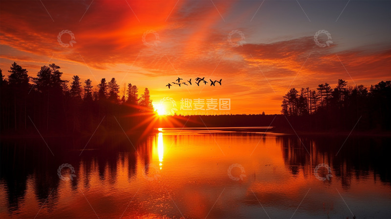 高清大图下载【趣麦麦图】夕阳植物山水唯美场景鸟