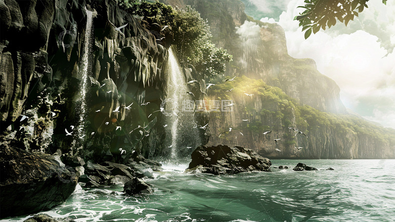 高清大图下载【趣麦麦图】山水瀑布鸟云雾植物场景