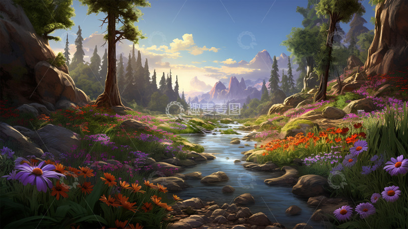 高清大图下载【趣麦麦图】山水唯美蓝天白云小溪鲜花植物场景