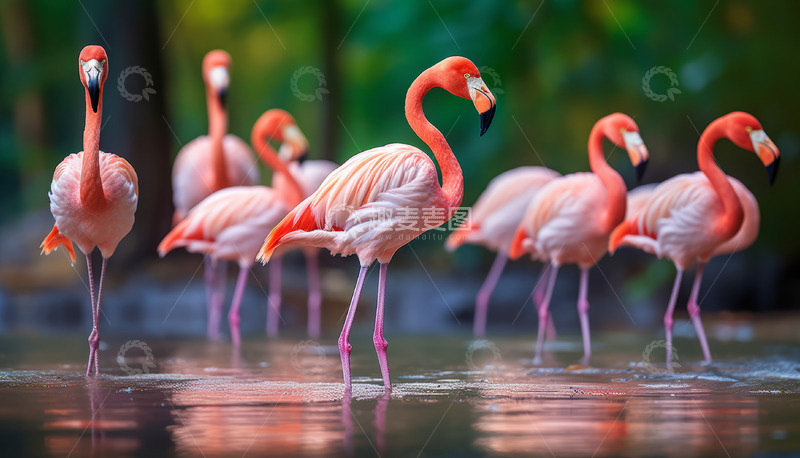 高清大图下载【趣麦麦图】水上的一群火烈鸟