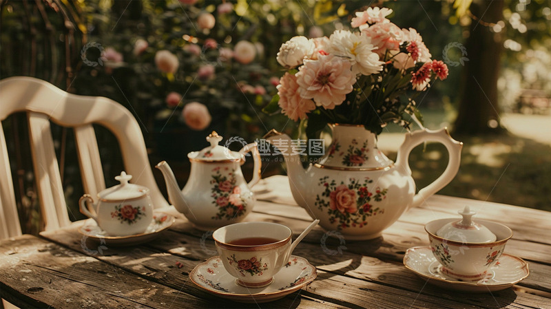高清大图下载【趣麦麦图】下午茶茶壶茶杯鲜花植物场景