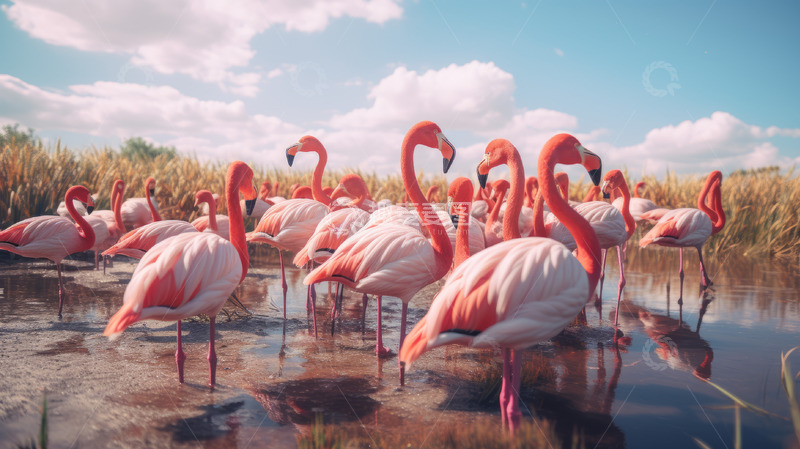 高清大图下载【趣麦麦图】一群粉红色的火烈鸟