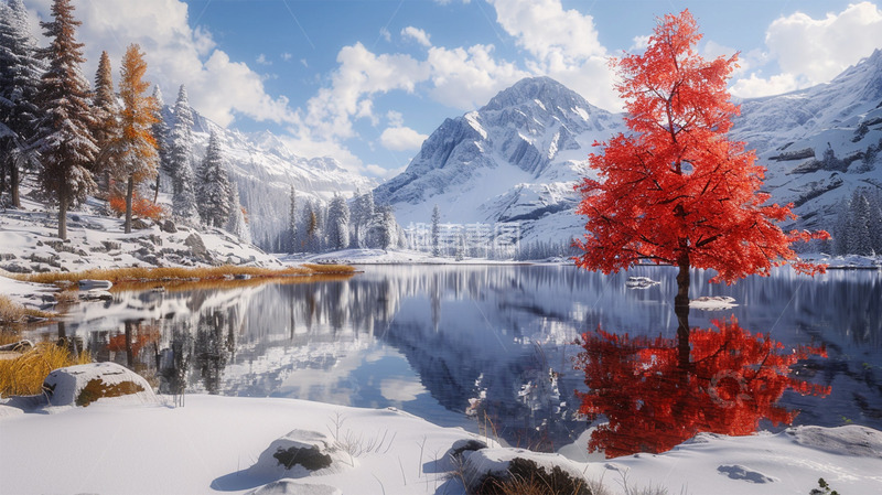 高清大图下载【趣麦麦图】雪山雪景湖水唯美场景红色