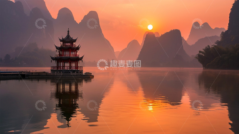 古风建筑凉亭山峦水面太阳风景