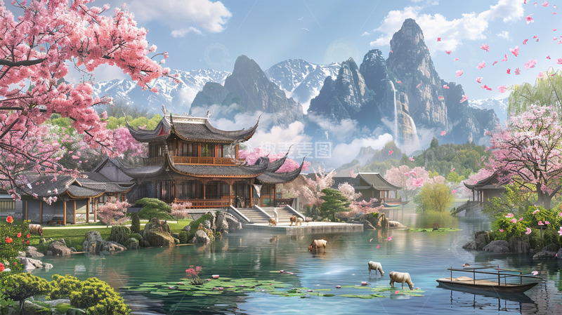 高清大图下载【趣麦麦图】中国风建筑山水桃花植物场景