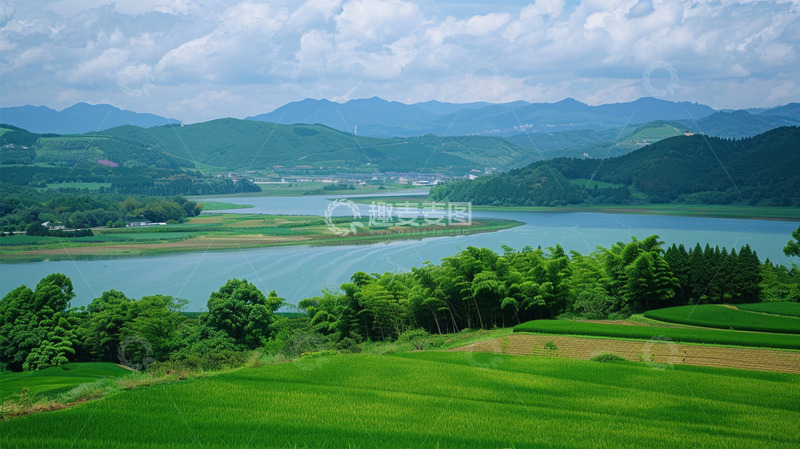 高清大图下载【趣麦麦图】大河山峦绿色植物农田风景