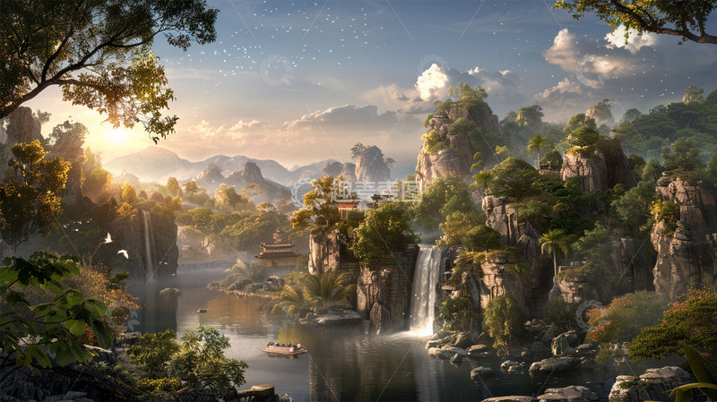 高清大图下载【趣麦麦图】山峰瀑布中国风建筑太阳风景