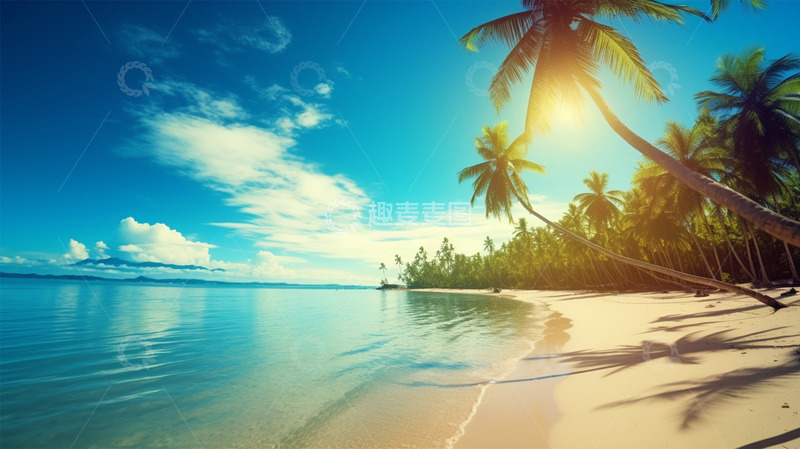 高清大图下载【趣麦麦图】海边太阳椰子树沙滩热带风景