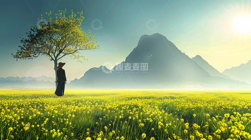 高清大图下载【趣麦麦图】山峰太阳花草植物大树人物场景