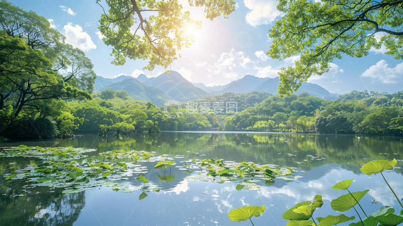高清大图下载【趣麦麦图】山峦阳光荷叶绿色风景