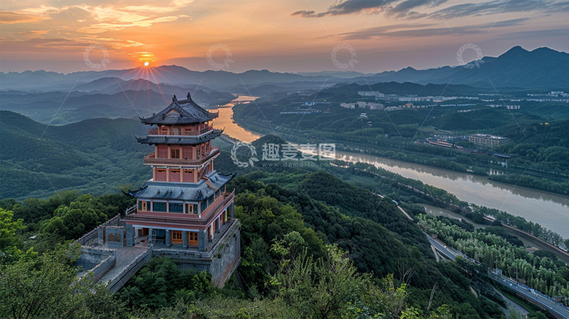 高清大图下载【趣麦麦图】中国风建筑阁楼河流山水落日风景
