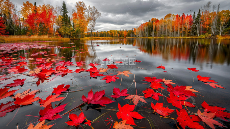 高清大图下载【趣麦麦图】秋天枫叶阴天红色植物湖水场景