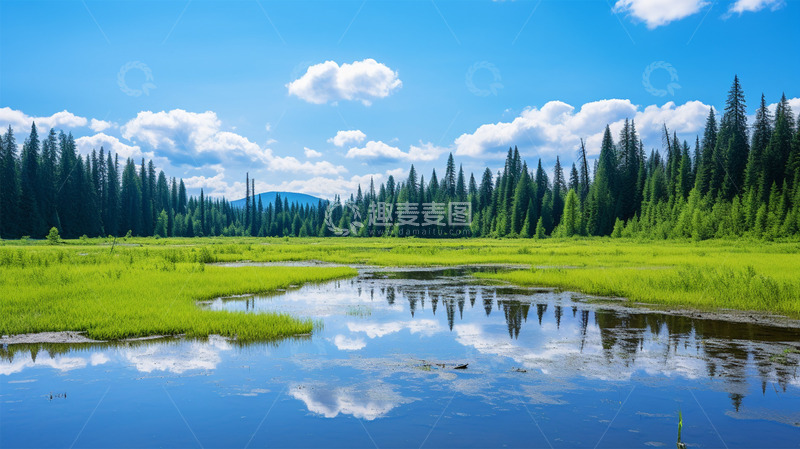 高清大图下载【趣麦麦图】树林青草河流蓝天白云风景