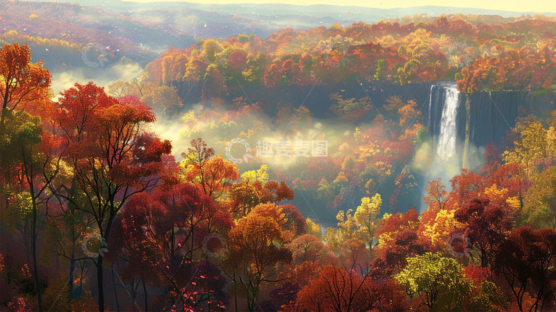 高清大图下载【趣麦麦图】秋天红色植物瀑布暖色场景