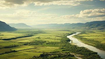 农田河流广阔平原风景绿色