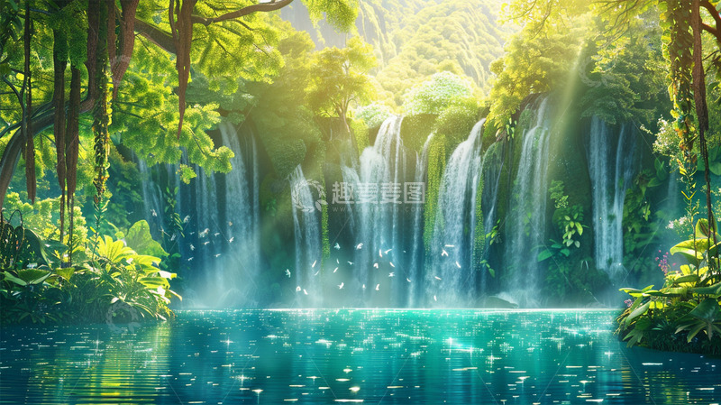 高清大图下载【趣麦麦图】阳光瀑布绿水植物水面唯美场景