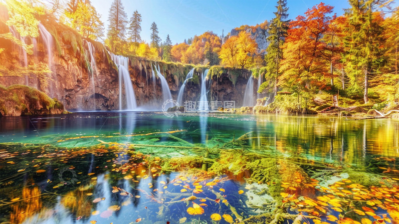 高清大图下载【趣麦麦图】瀑布自然秋天暖色唯美风景