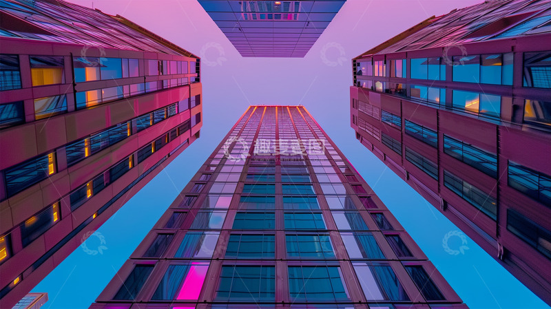 紫色建筑城市高楼大厦仰视场景