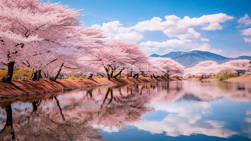 高清大图下载【趣麦麦图】湖水蓝天白云粉色桃树桃花风景