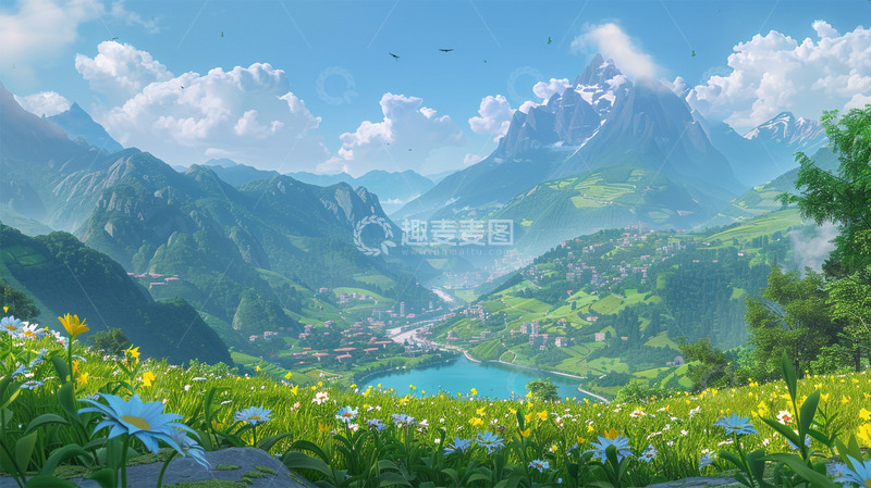 高清大图下载【趣麦麦图】山水雪山云绿色植物鲜花村落