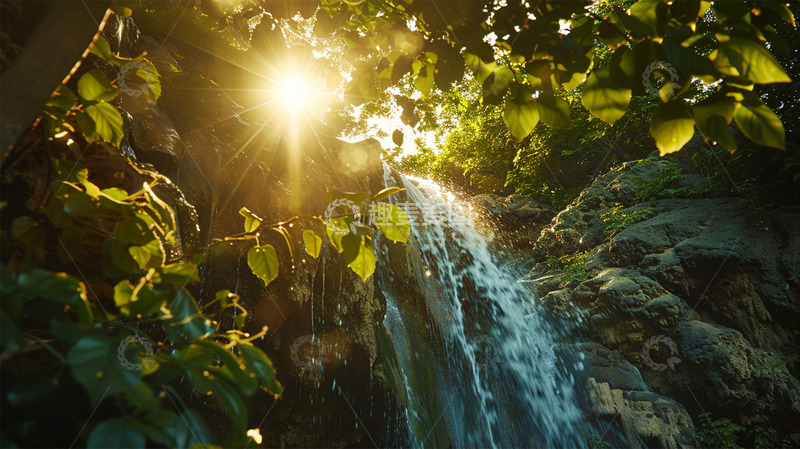 高清大图下载【趣麦麦图】瀑布植物阳光树叶太阳场景
