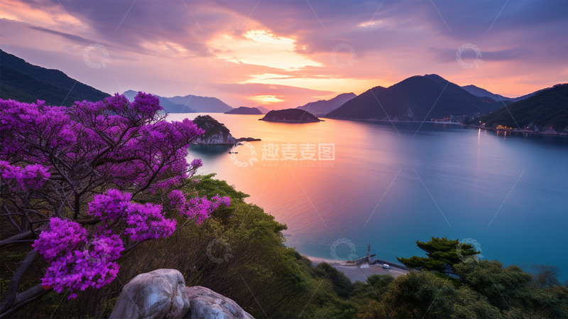 高清大图下载【趣麦麦图】湖水山峦落日晚霞傍晚植物鲜花