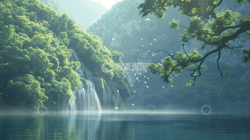 高清大图下载【趣麦麦图】瀑布植物山水飞鸟唯美场景