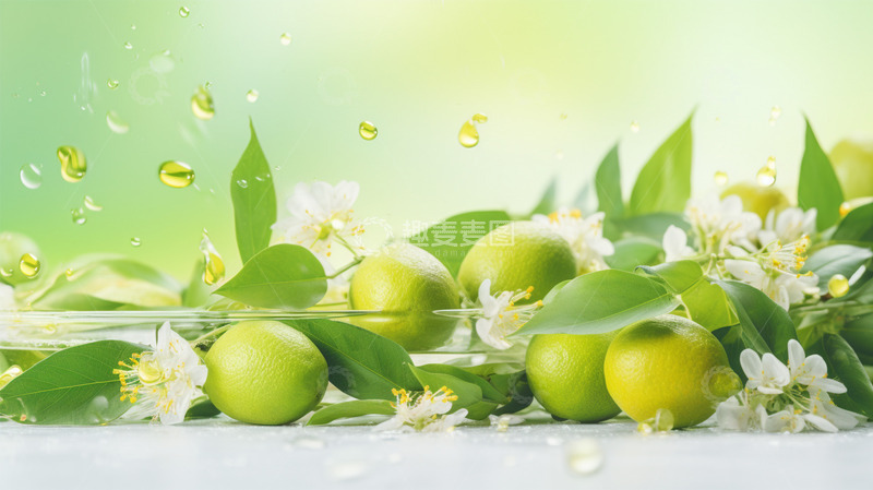 高清大图下载【趣麦麦图】柠檬水果绿水绿叶鲜花水