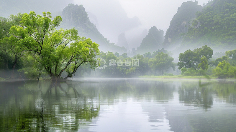 高清大图下载【趣麦麦图】山水云雾大树绿水风景背景