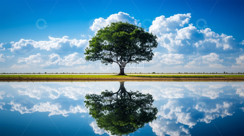 高清大图下载【趣麦麦图】大树倒影蓝天白云水面风景