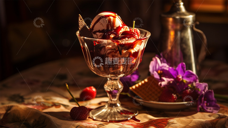 高清大图下载【趣麦麦图】冰淇淋红色果酱草莓茶壶场景
