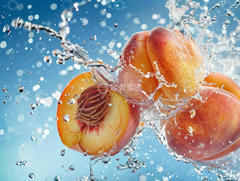 高清大图下载【趣麦麦图】鲜桃多汁黄桃水花碰撞喷溅图