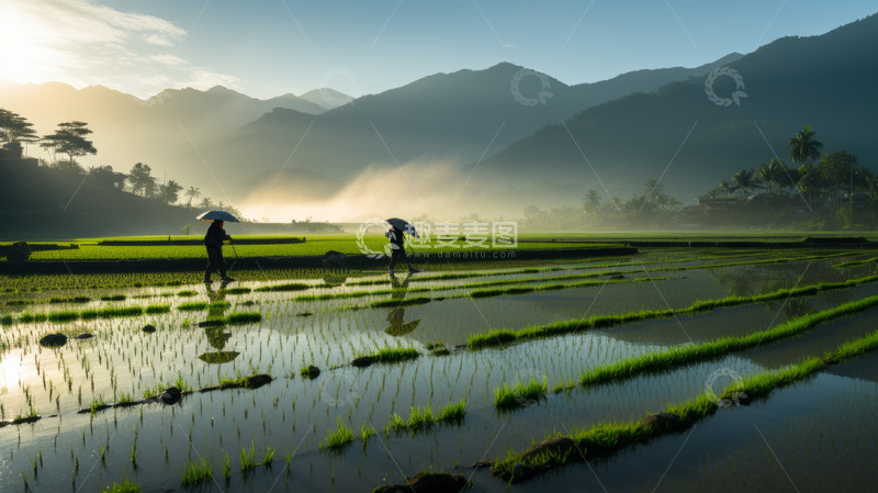 高清大图下载【趣麦麦图】农民插水稻背影