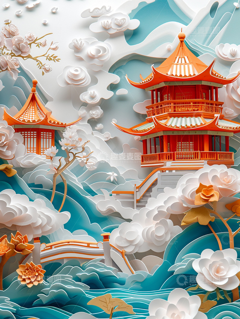 高清大图下载【趣麦麦图】剪纸国风山水建筑