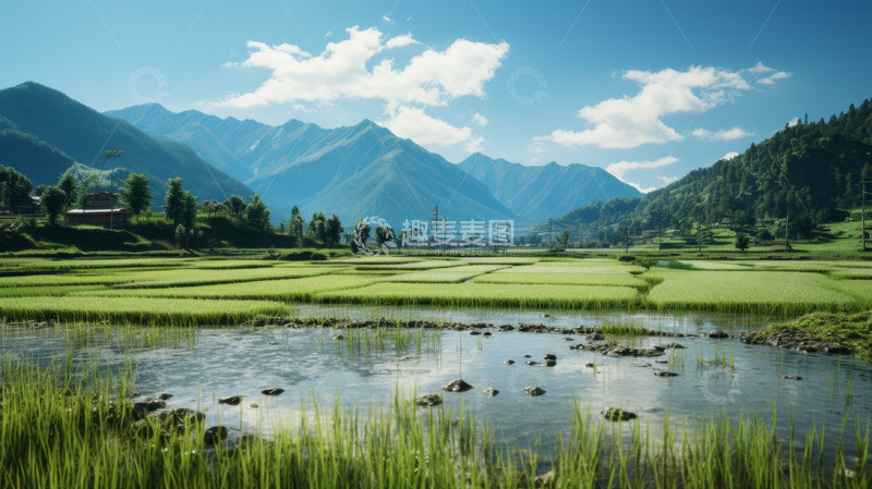 高清大图下载【趣麦麦图】山峰下的水稻田背景