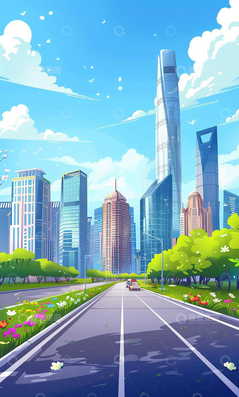 高清大图下载【趣麦麦图】城市建筑街道卡通插画